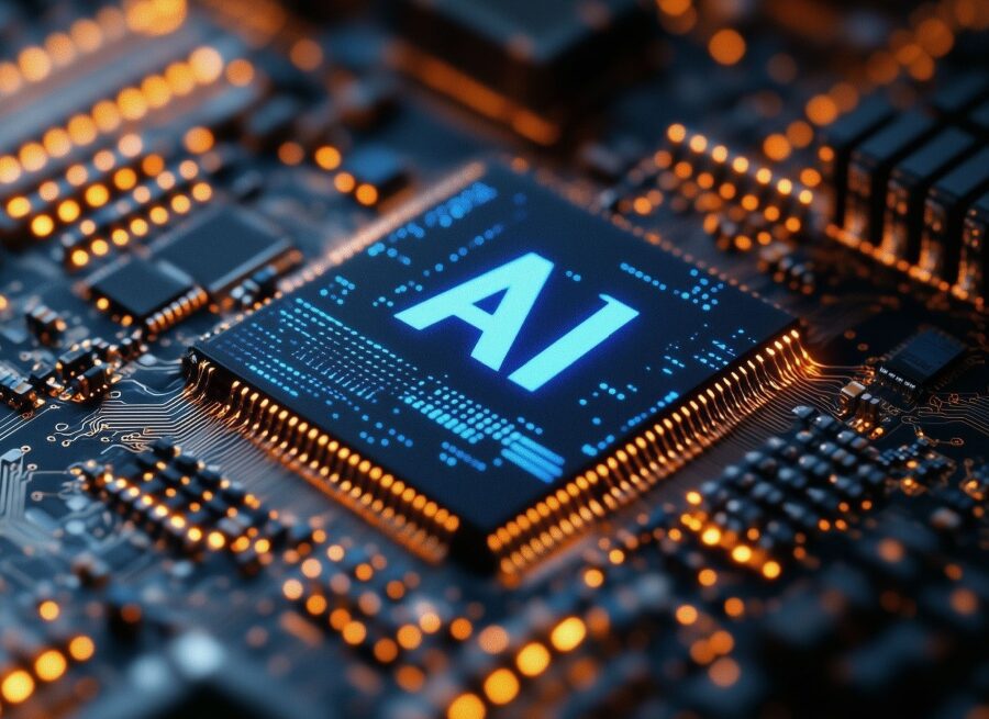 AI logo on a computer chip illuminated by blue light