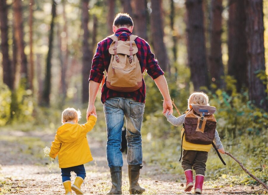 A father walking with two young children in a forest.