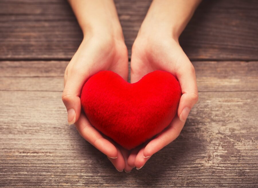 Close-up of hands holding a red heart