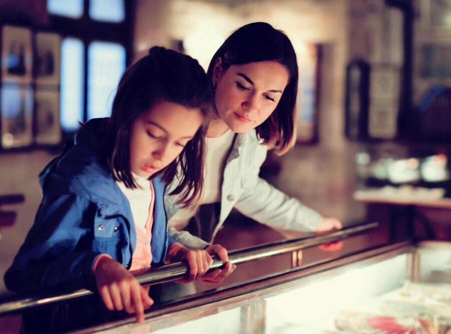 A mother and daughter viewing a museum exhibit.
