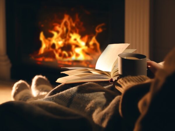 Person sitting with their feet up reading by an open fire